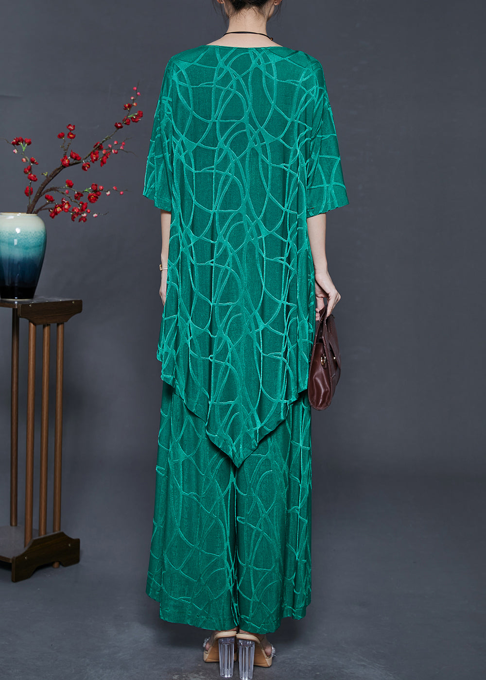 Green Asymmetrical Print Silk Two Pieces Set Summer
