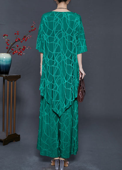 Green Asymmetrical Print Silk Two Pieces Set Summer