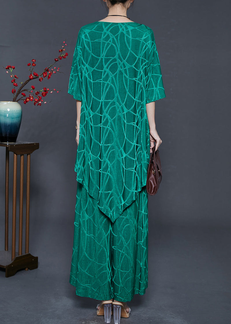 Green Asymmetrical Print Silk Two Pieces Set Summer