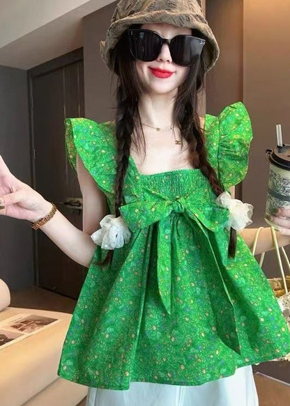 Green Bow Cotton Tanks Butterfly Sleeve