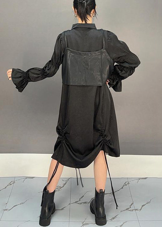 Loose Black Lace Up Waistcoat and Shirts Dresses Cotton Two Pieces Set Butterfly Sleeve