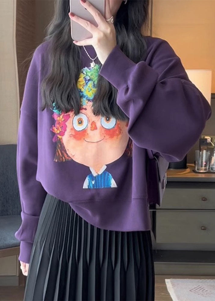 Purple Print Fleece Sweatshirt Long Sleeve