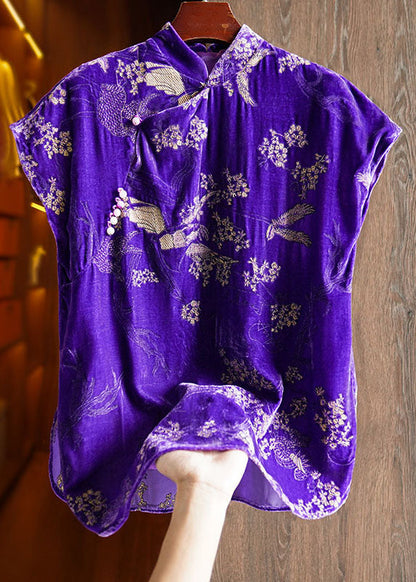 Purple Embroideried Nail Bead Button Silk Velour Shirt Short Sleeve