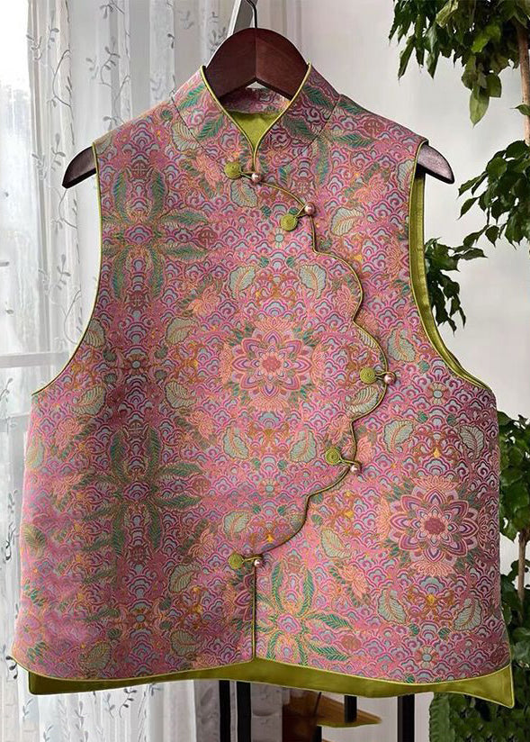 Pink Asymmetrical Button Print Cotton Waistcoat Sleeveless