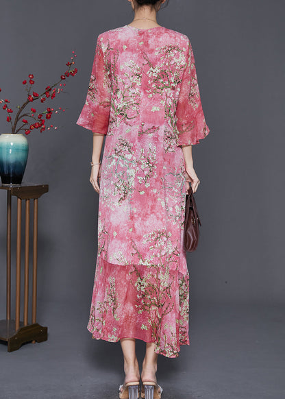 Organic Red Ruffled Print Chiffon Holiday Dress Flare Sleeve