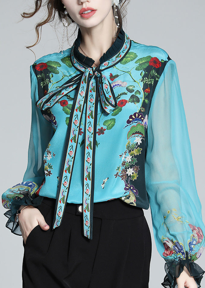 Indigo Stand Collar Print Tie Waist Silk Shirt Long Sleeve