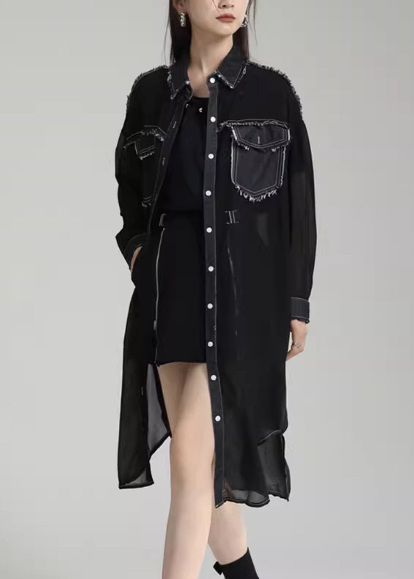 Unique Black Peter Pan Collar Pockets Patchwork Chiffon Upf 50+ Coats Summer