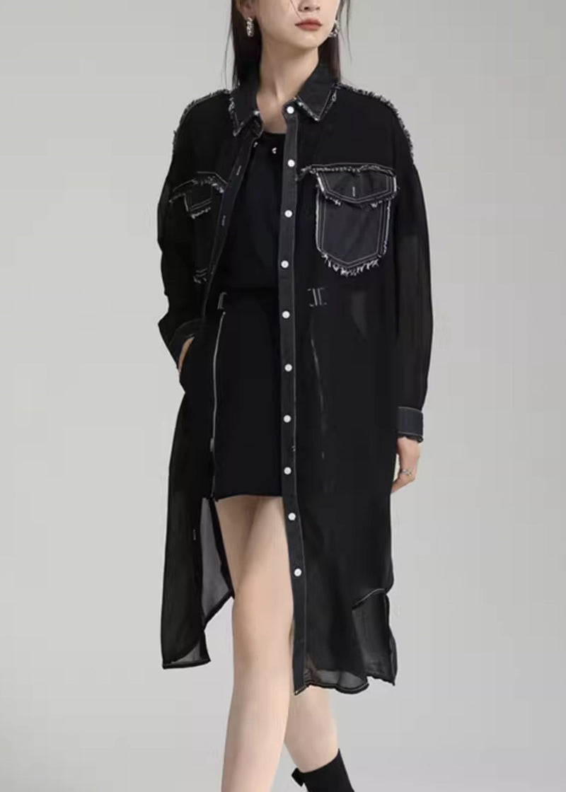 Unique Black Peter Pan Collar Pockets Patchwork Chiffon Upf 50+ Coats Summer
