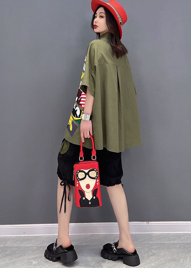 Novelty Army Green Character Applique Elastic Waist Drawstring Cotton Shirts and Shorts Two Pieces Set Summer