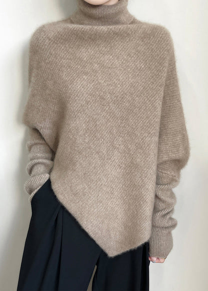 Original Light Camel Turtleneck Cozy Woolen Sweater Tops Batwing Sleeve Winter