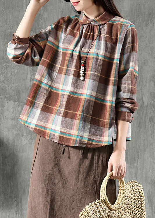 Coffee Plaid Peter Pan Collar Patchwork Linen Blouse Tops Spring