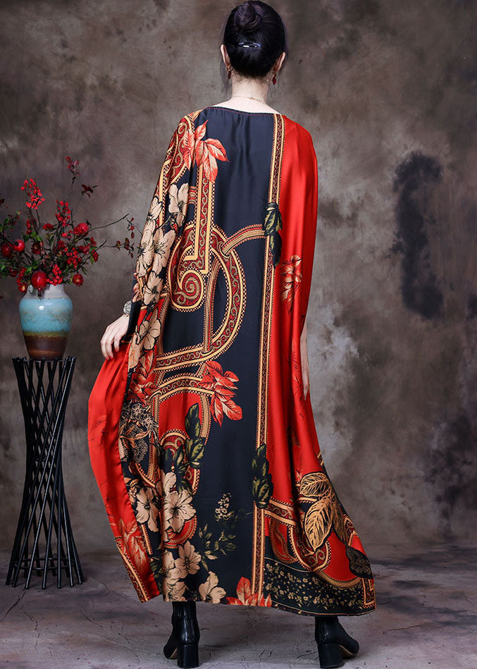 Classy Red O-neck Print Silk Loose Long Dresses Gown Batwing Sleeve