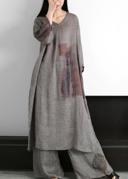 Grey V Neck Print Side Open Linen Dress and Wide Leg Pant Two Pieces Set Summer