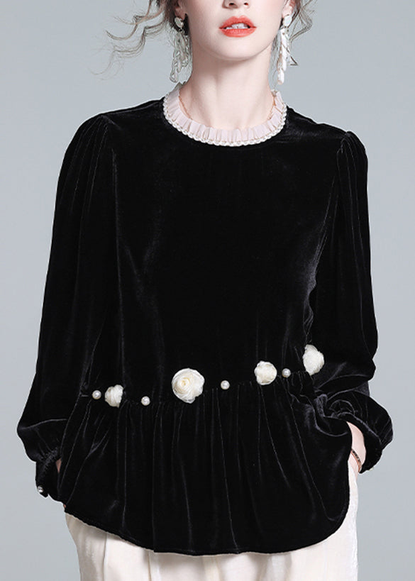 French Black O-neck Wrinkled Silk Velour Top Lantern Sleeve