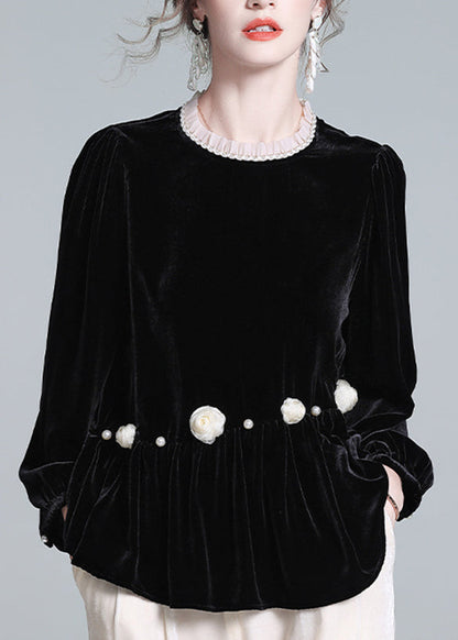 French Black O-neck Wrinkled Silk Velour Top Lantern Sleeve