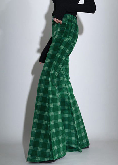 Green Plaid Pockets Corduroy Flare Bottoms Spring