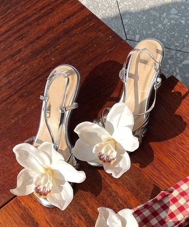 New Silver Flower Open Toed Buckle High Heeled Sandals