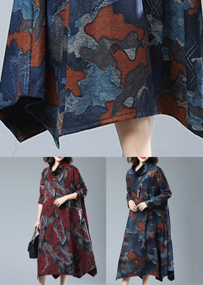 Navy Print Pockets Patchwork Cotton Long Dresses Fall