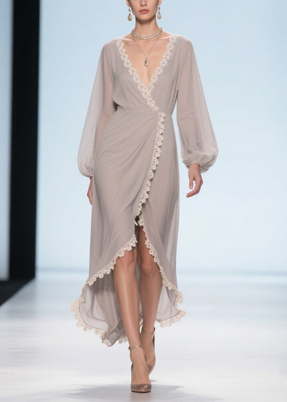 Apricot Lace Low High Design Chiffon Maxi Dresses