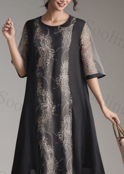 Black O Neck Print Patchwork Silk Dress Summer