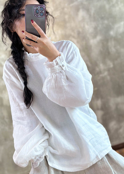 Red Ruffled Linen Blouses Lantern Sleeve