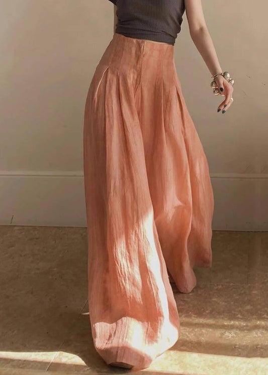 Orange High Waist Wrinkled Patchwork Cotton Wide Leg Pants Summer