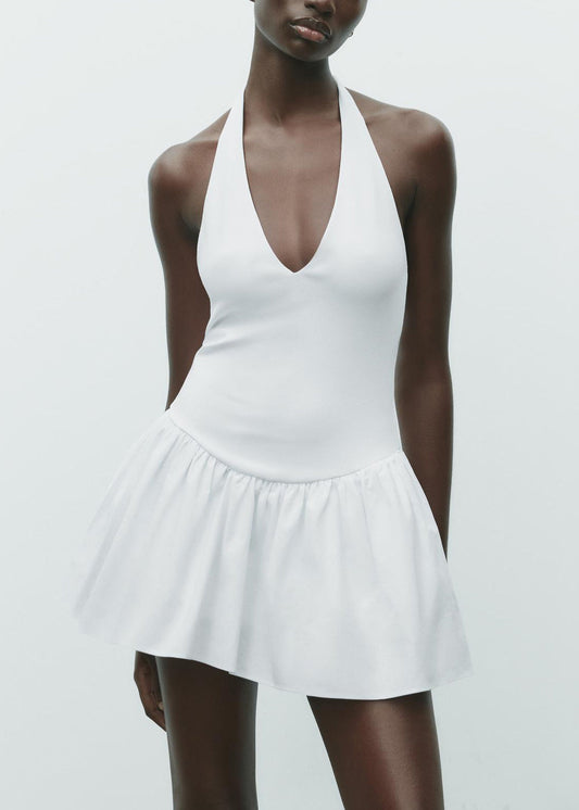 White Wrinkled Cotton Mini Dress Backless Summer