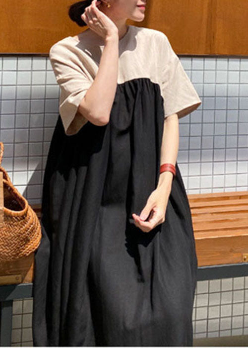 Black Side Open Patchwork Dress Short Sleeve