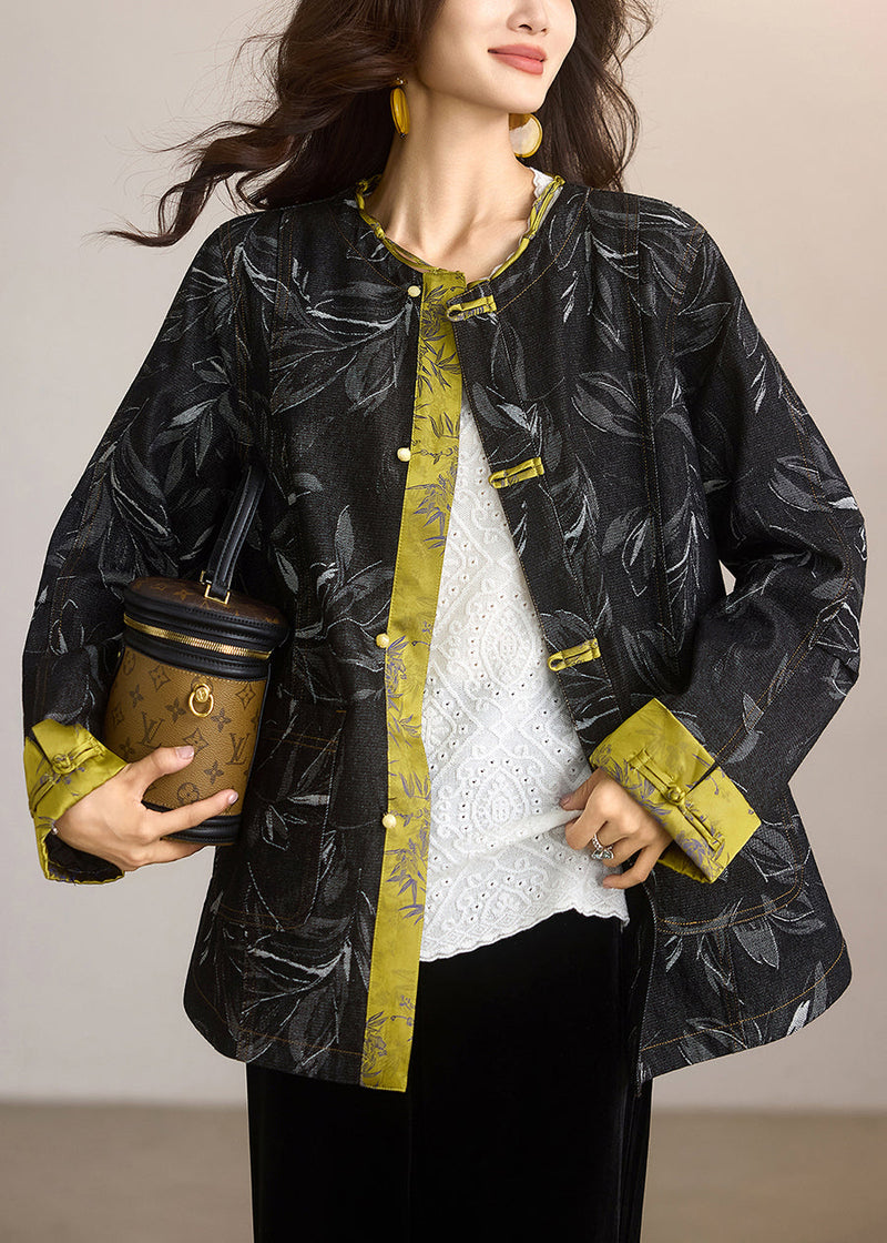 Black Print Patchwork Chinese Button Denim Jackets Spring