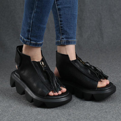 Brown Zippered Flat Sandals Platform Walking Sandals