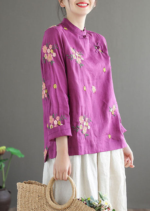 Purple Stand Collar Embroideried Patchwork Cotton Top Spring