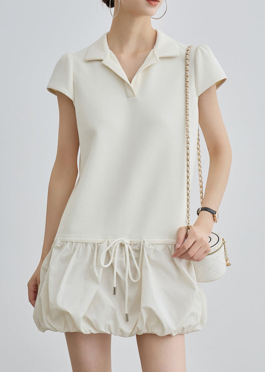 Beige Peter Pan Collar Lace Up Cotton T Shirts Dress Summer