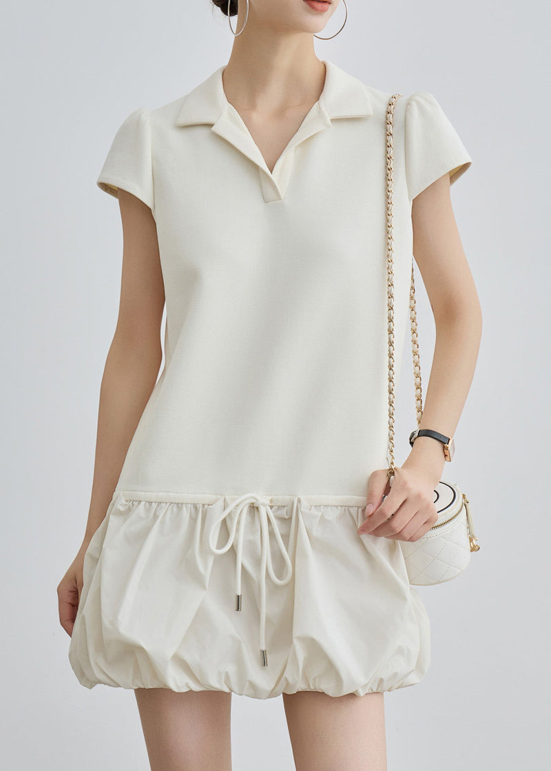 Beige Peter Pan Collar Lace Up Cotton T Shirts Dress Summer