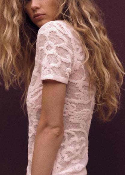 Art Pink O Neck Hollow Out Knit T Shirts Summer