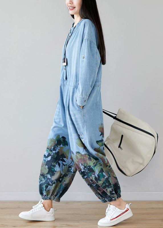 Light Blue Pockets O-neck Print Denim Jumpsuit Spring