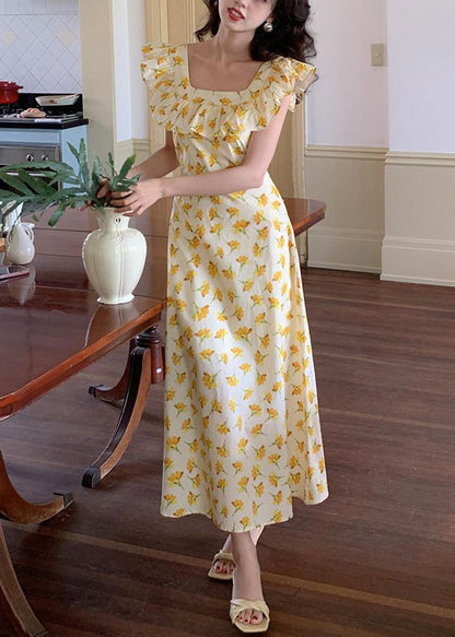 Yellow Ruffled Print Cotton Long Dress Sleeveless