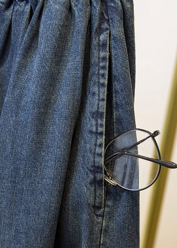 Blue Pockets Patchwork Wide Leg Denim Pants Fall