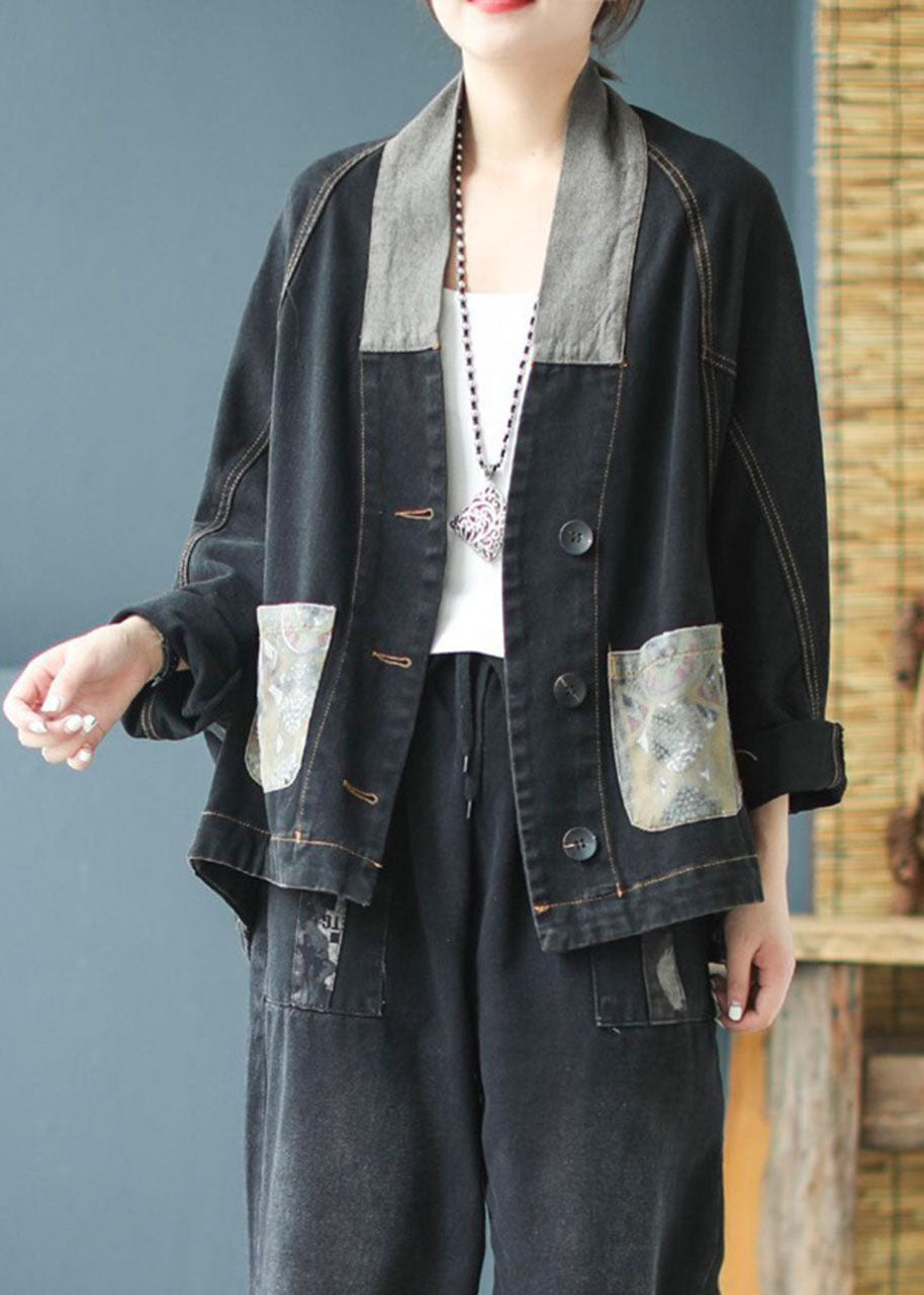 Blue Pockets Button Patchwork Print Fall Denim Long Sleeve Coat