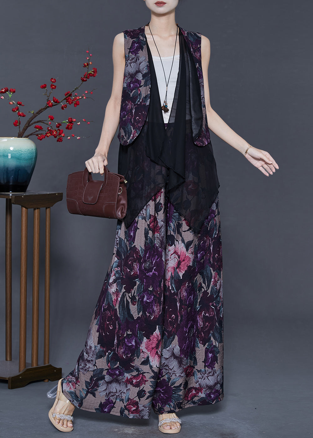 Purple Print Patchwork Linen Two Piece Set Outfits Summer