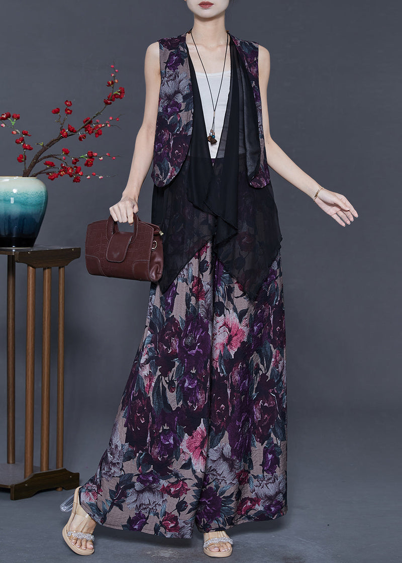 Purple Print Patchwork Linen Two Piece Set Outfits Summer