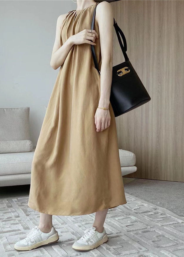 Modern Khaki O-neck Wrinkled Cotton a Line Holiday Dress Sleeveless