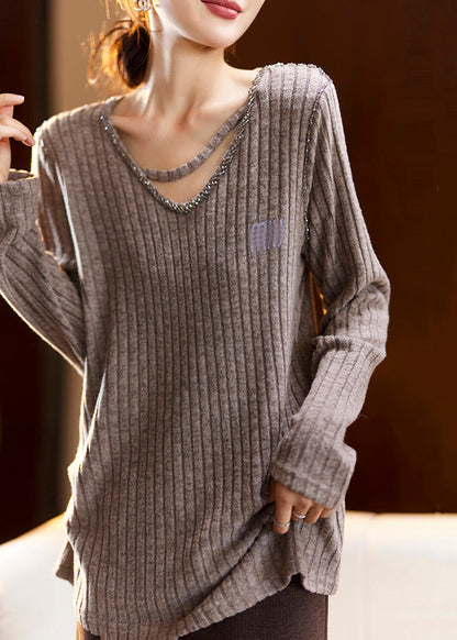 Coffee V Neck Nail Bead Patchwork Knit Top Spring