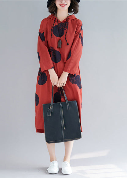 Red Hooded Print Cotton Loose Sweatshirt Dress Fall