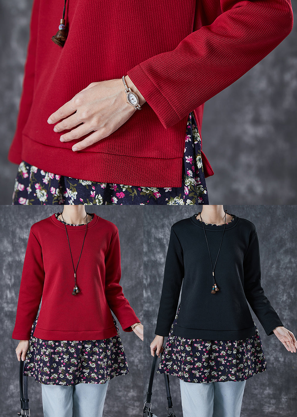 Black Patchwork Warm Fleece Fake Two Piece Blouses Winter