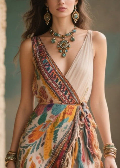Fitted Beige Asymmetrical Tasseled Chiffon Cami Dress Summer