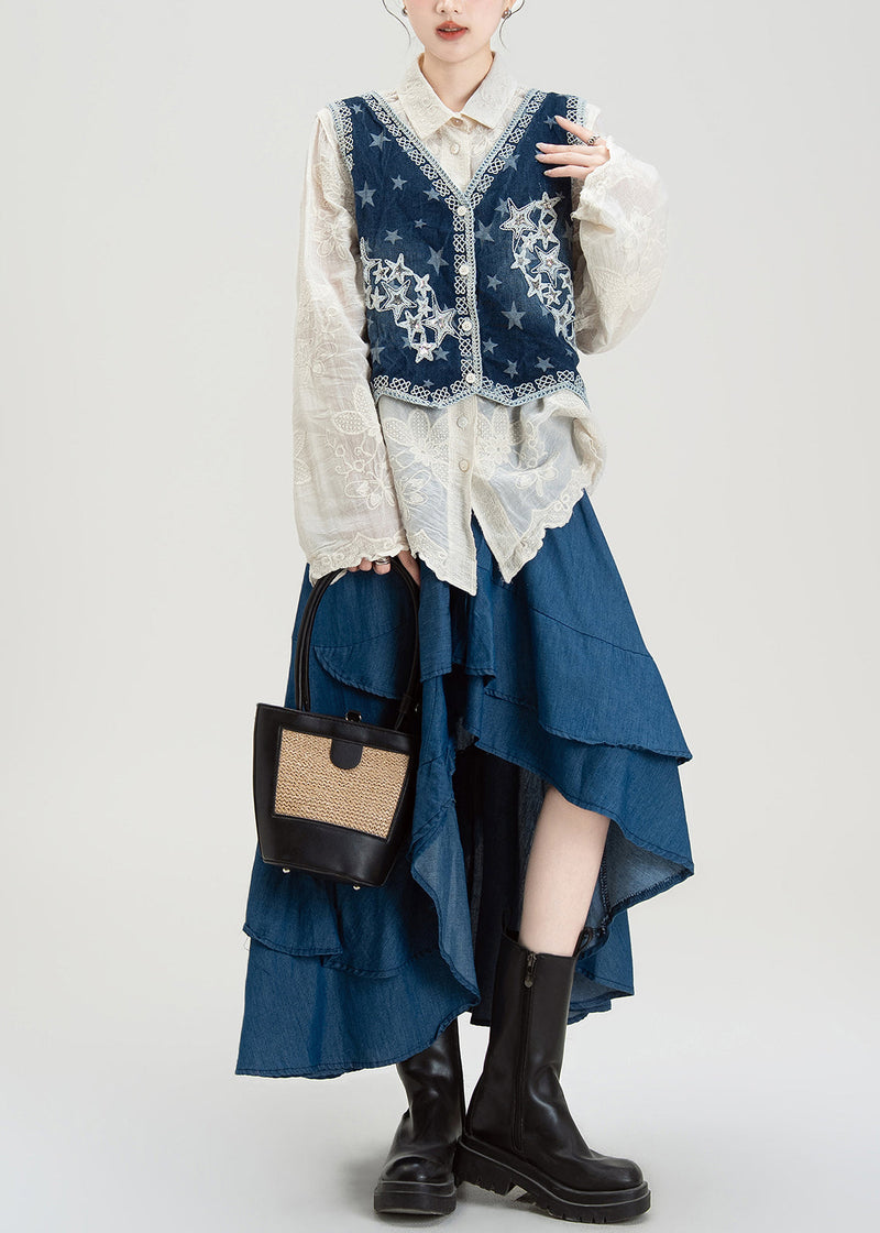 Style Embroidered Denim Vest Shirt Asymmetrical Skirts Set Summer