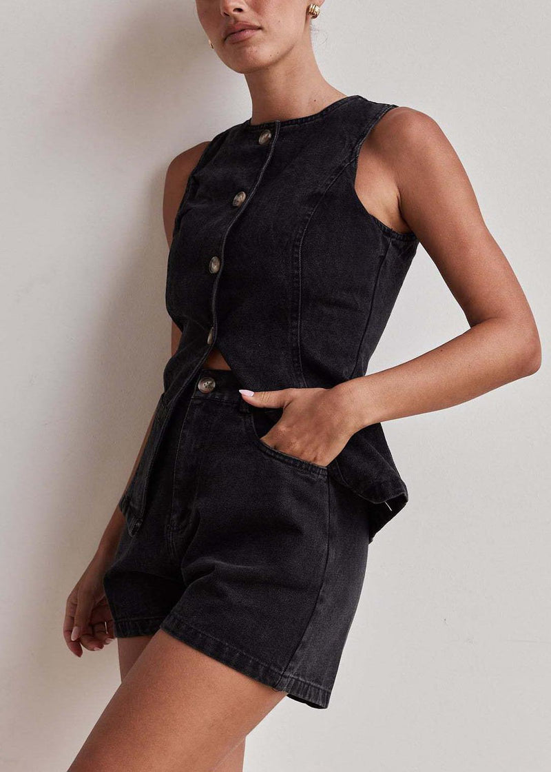 Black O-neck Side Open Denim Two Pieces Set Sleeveless