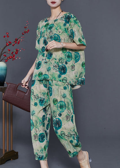 Green Oversized Print Linen Two Piece Set Summer
