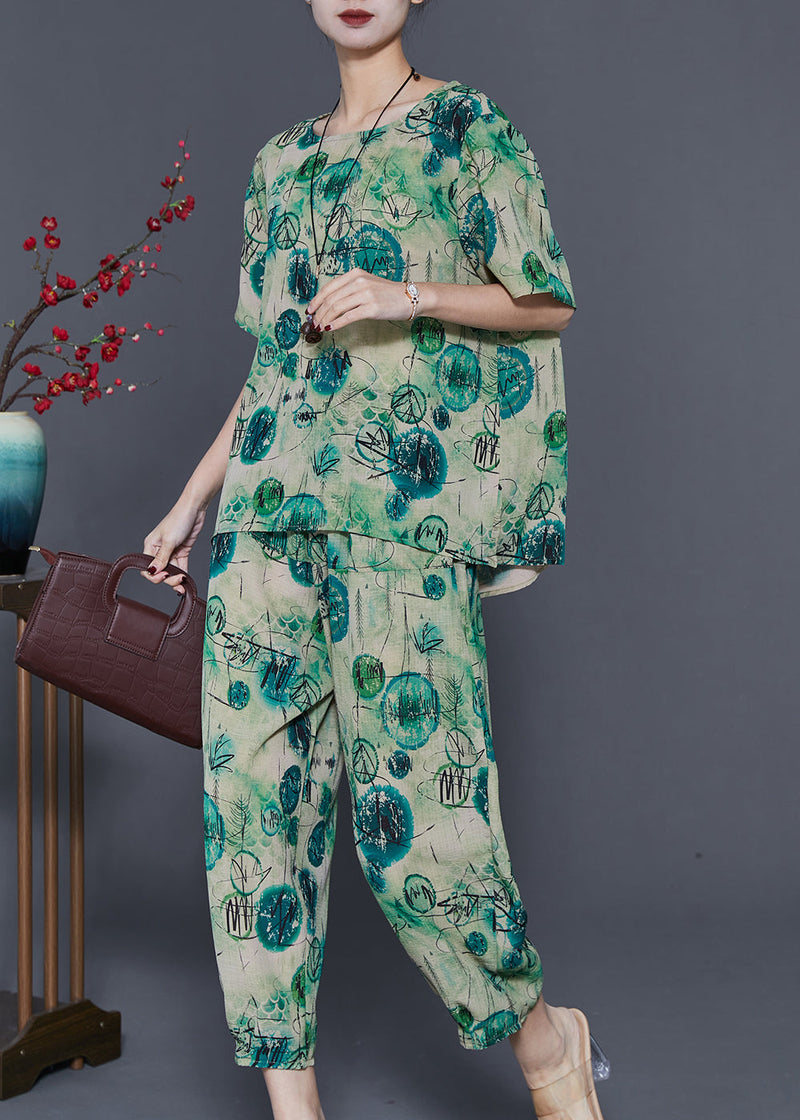 Green Oversized Print Linen Two Piece Set Summer