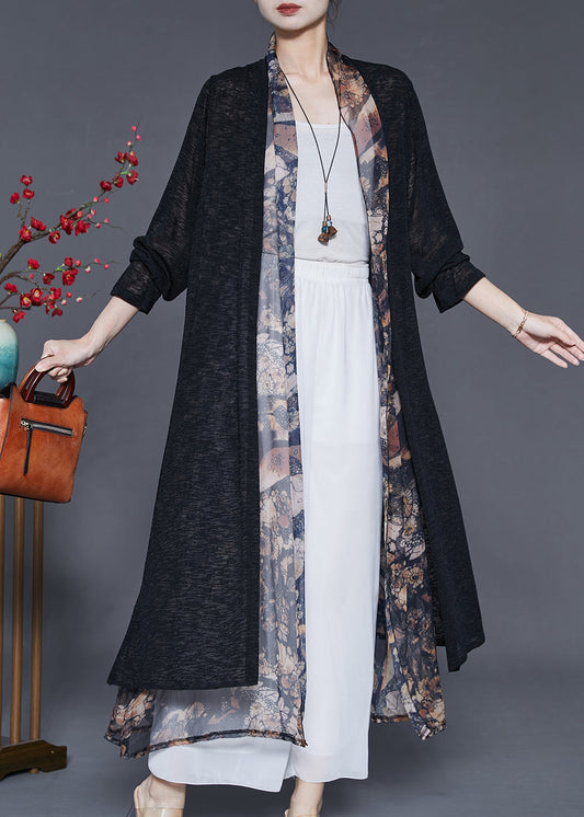 Black Oversized Patchwork Silk Long Cardigan Summer